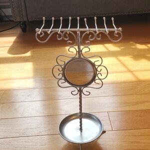 Ornate Metal Jewelry Stand with Mirror -Silvertone